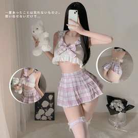 蝶雨情趣内衣性感格子jk学生装夏季系带镂空女学生制服套装批发