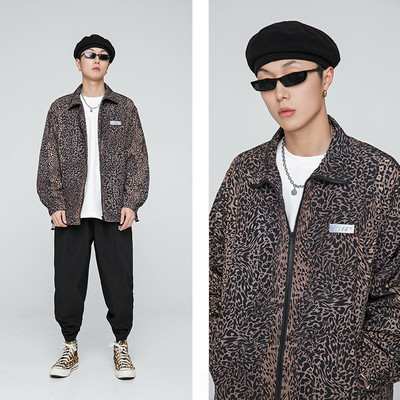 绝非俗物2021春季新款美式复古豹纹字母绣标夹克男宽松束绳外套潮