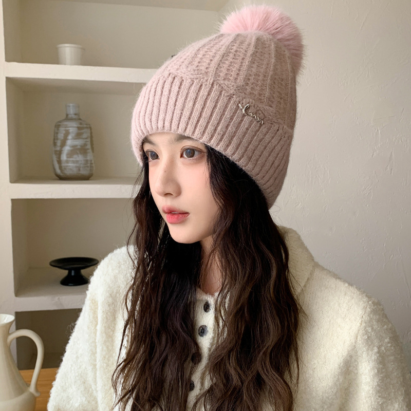 冬天帽子女时尚百搭骑行针织帽大头围显脸小毛线帽毛球护耳包头帽|undefined