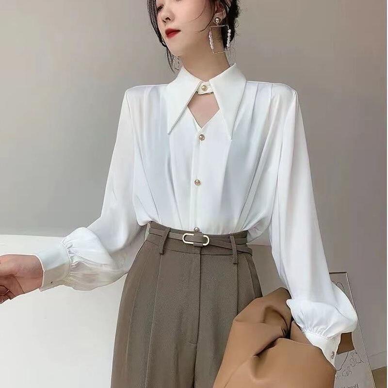 Milk Tea Apricot Elegant V-neck Silk Satin Chic Shirt Women's Design Niche OL Style Hong Kong Style Top