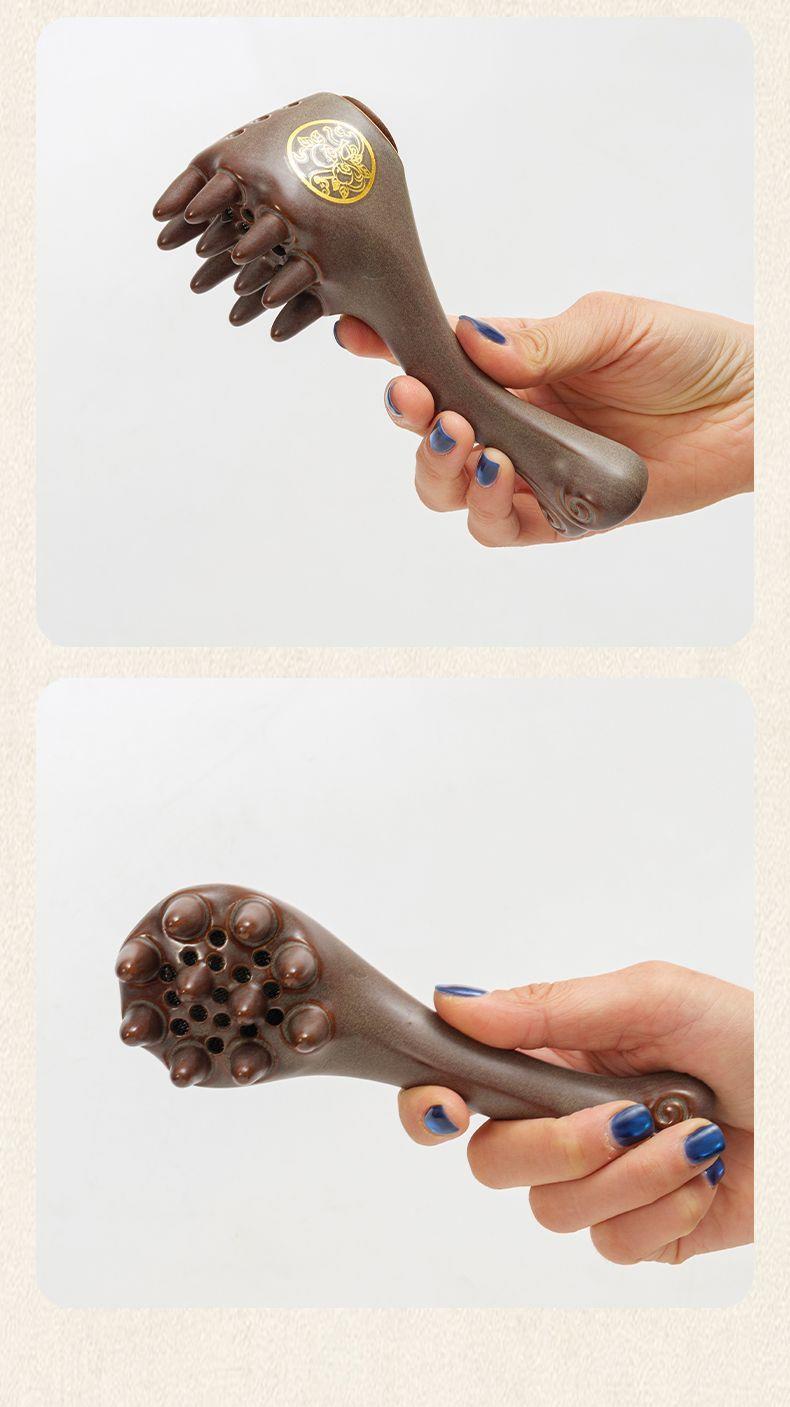 Ceramic Moxa Comb Head Massage Set with 54 Stone-Ground Moxa Cones for Baihui Point Scalp Care in use