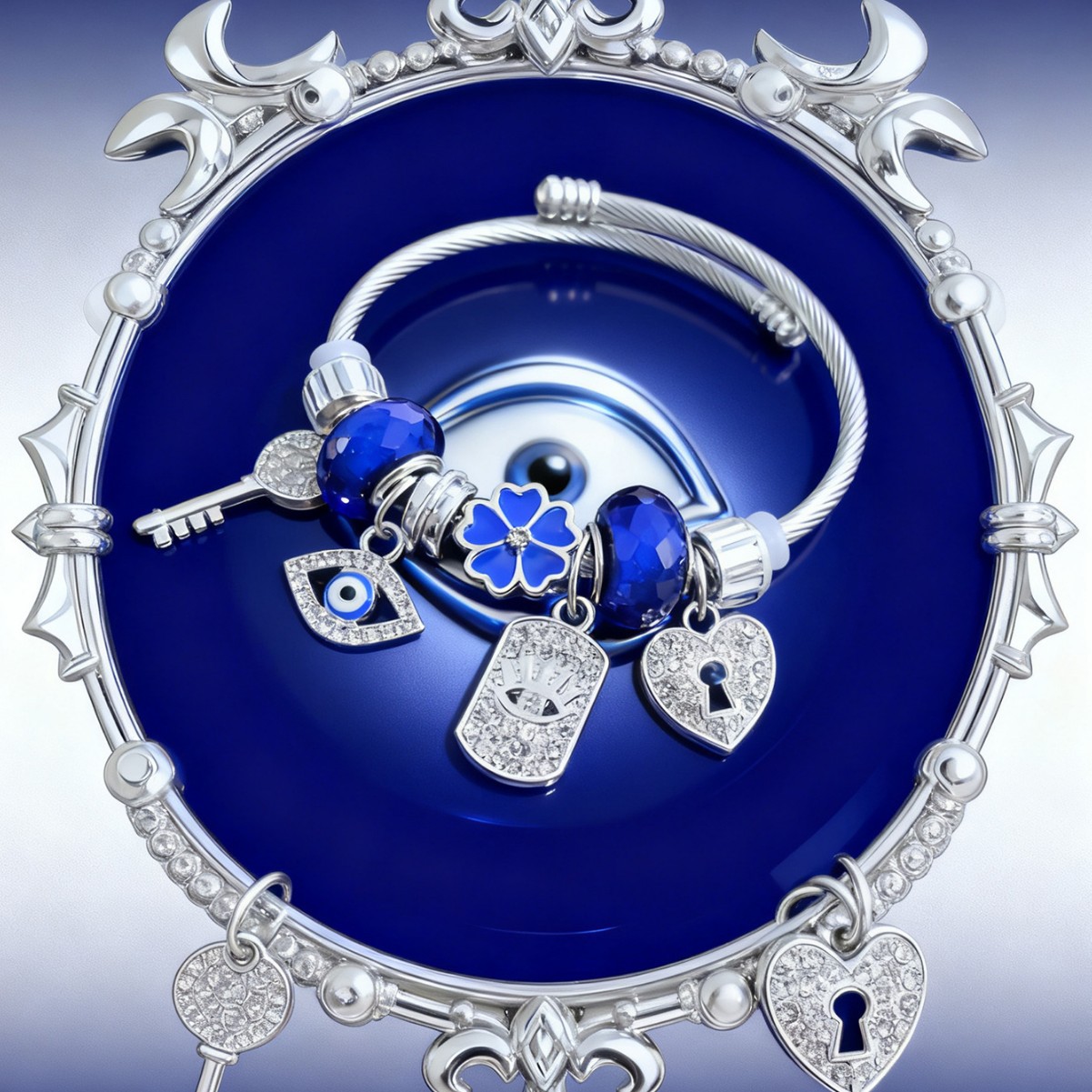Explosiones transfronterizas Pan familia pulsera de acero inoxidable diamante azul aleación diablo ojo de llave cerradura joyas de flores amor