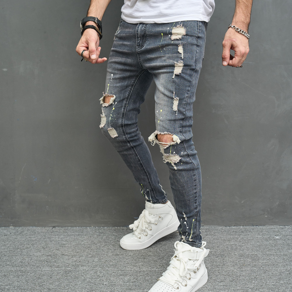 2023 Comercio exterior europeo y americano nuevos hombres jeans rodilla desgastado stretch casual slim fit pantalones moda