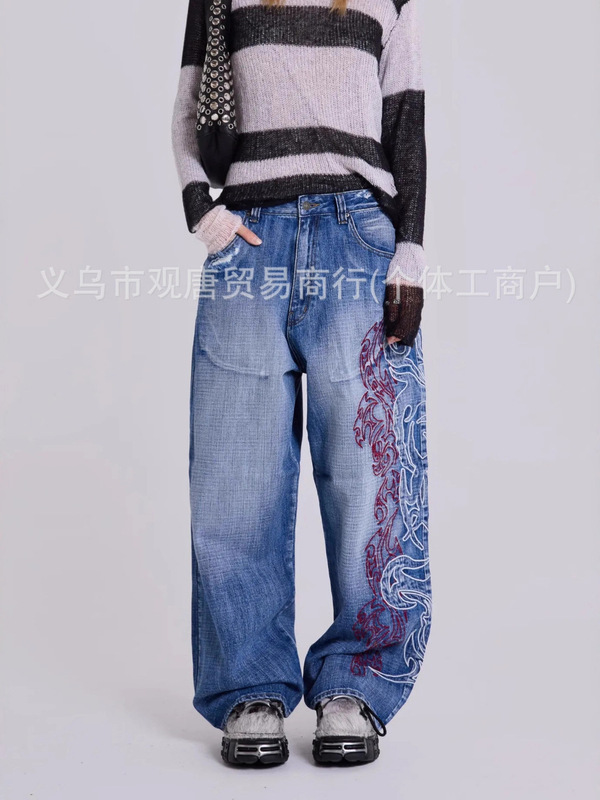 跨境女装Jaded London美式y2k辣妹刺绣设计感牛仔裤宽松拖地长裤|undefined