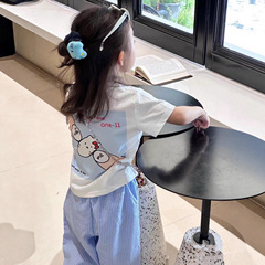 子供の夏の韓系の半袖のゆったりしている女の子のカジュアルなtシャツの半袖の中で子供の韓範の上着の薄い0031a 122