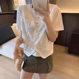 韩国进口重工镂空钩花蕾丝V领马甲背心女夏季新款宽松叠穿上衣潮