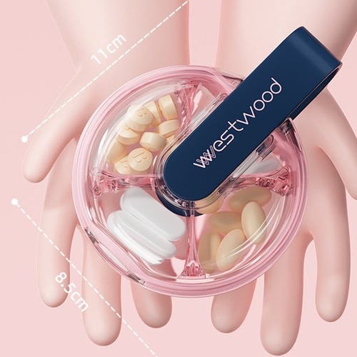 Four-grid round pill box, professional high-end quality, light luxury medicine storage box, moisture-proof portable personal medicine and pill dispensing box