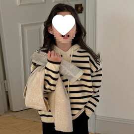 女童条纹毛衣2025新款春季洋气帽子衫儿童春秋外搭学院针织外潮流