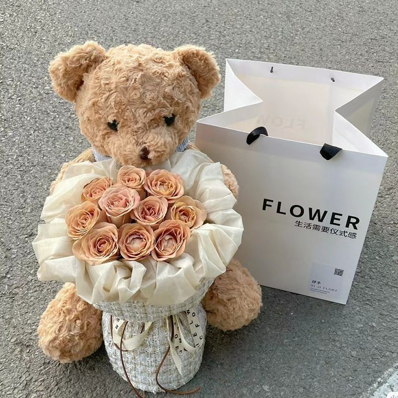 Oso de peluche con flores eternas para regalo de Año Nuevo, oso de peluche con ramo de flores para regalo de cumpleaños para amigas