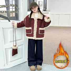 女童条纹拼色羊羔毛绒外套中大童秋冬加绒保暖英伦风长袖夹克衫潮