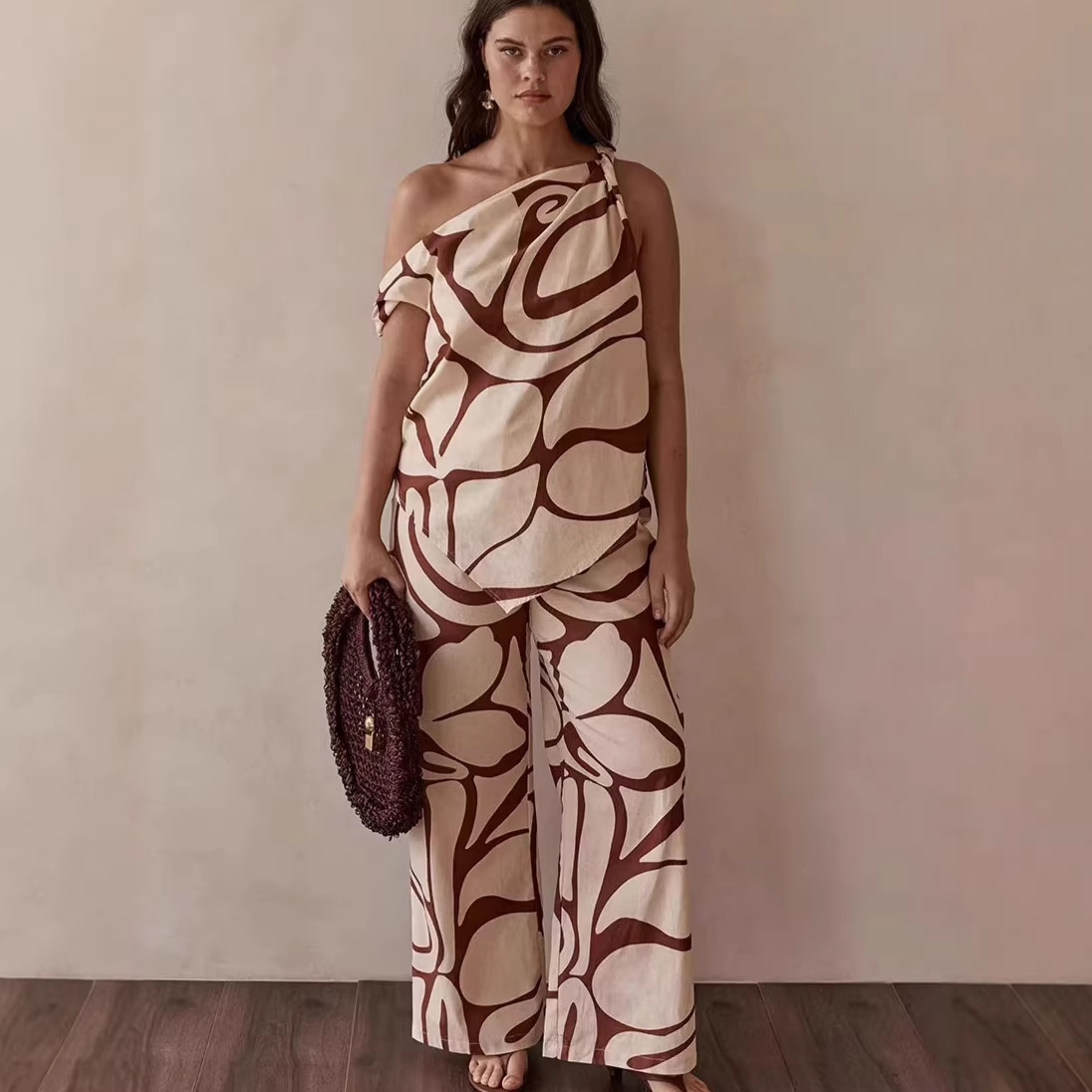 Women's Summer Linen Print Off-Shoulder Sleeveless Wide Leg Pants Set Casual Loose Fit Clothing_ecoleips.com