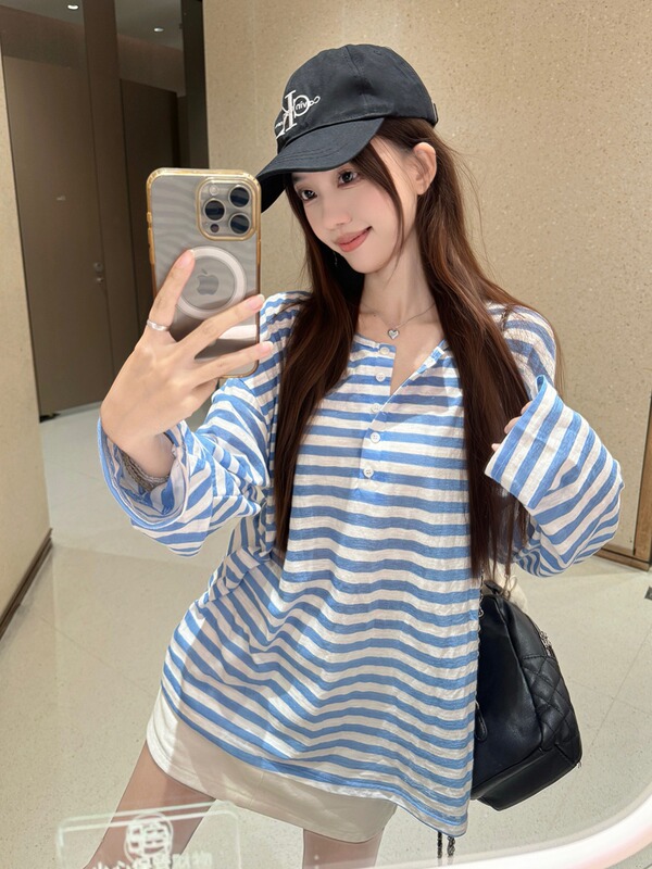 轻薄慵懒撞色条纹长袖T恤女装秋季小众百搭宽松休闲垂感防晒上衣|undefined