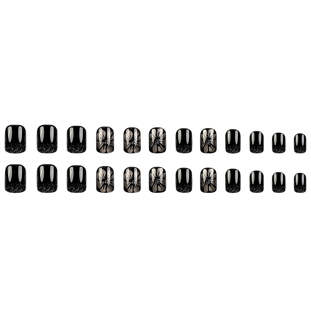 Hielo a través de crisantemo negro dulce y cool manicure parche de uñas corto brillo de polvo parche de uñas flores de venta caliente en Europa y América para usar uñas
