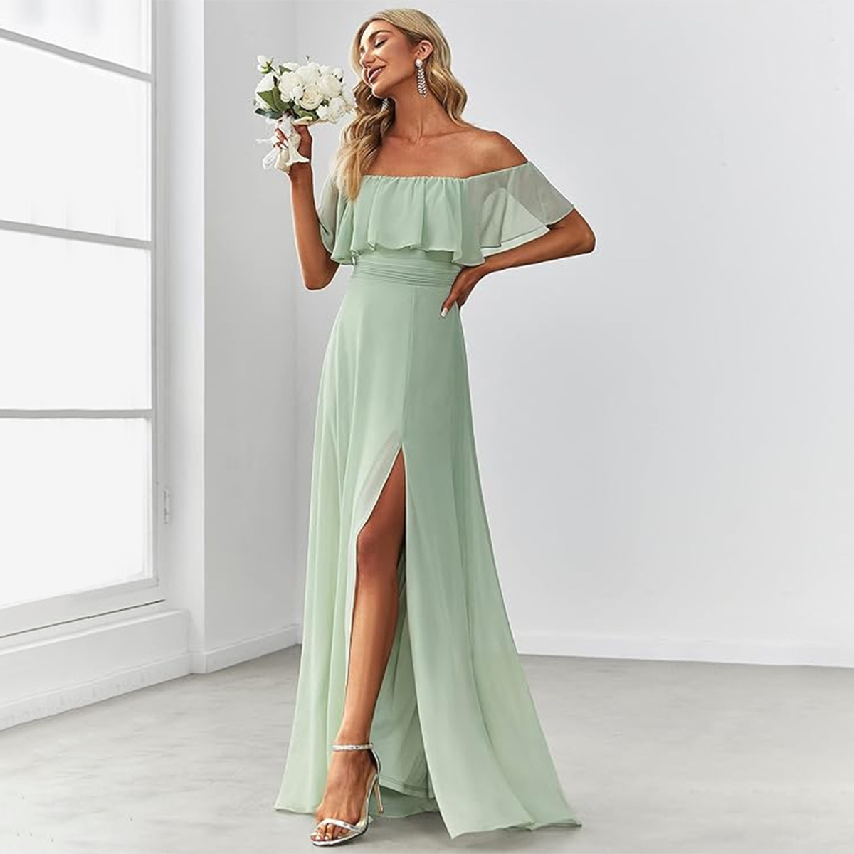 2025 New European and American One-Shoulder Sexy Slit Slim Grass Green Women's Dress Evening Dress