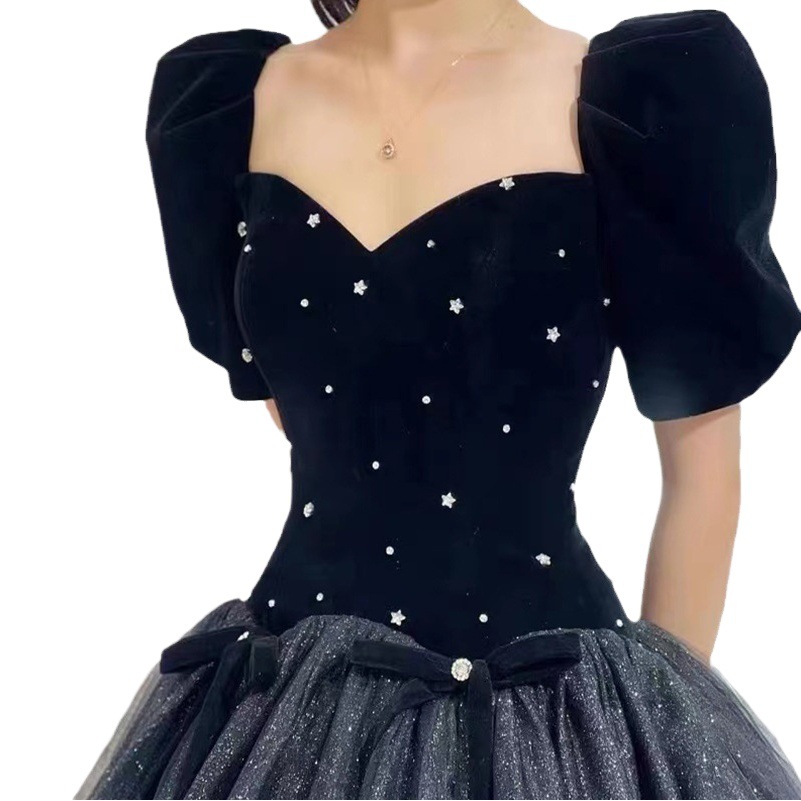 Vestido de noche para mujer, nuevo estilo invierno 2026, vestido de tul negro con mangas abullonadas para ceremonia de mayor edad, examen de arte, presentadora y reunión anual.