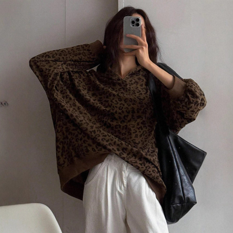 Women's Cross-Border American High Street Corduroy Retro Leopard Print Hoodie, Casual All-Match Loose Long Sleeve Top for Women