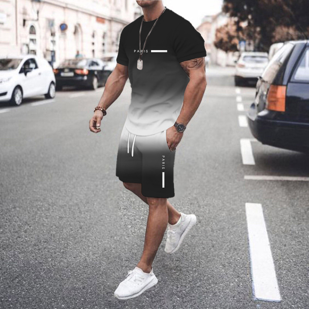 Completo estivo da uomo composto da due pezzi: camicia a maniche corte sottile e ampia e magliette taglie forti e pantaloncini abbinati Mingshi_voghion.com