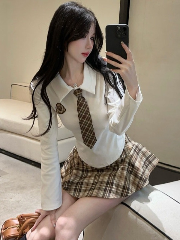 学院风辣妹减龄百搭短款长袖polo领T恤上衣高腰显瘦格子裙裤套装|undefined