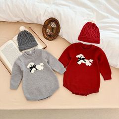 ins2025春秋婴幼儿爬服男女宝宝提花可爱动物手工蝴蝶结三角爬服