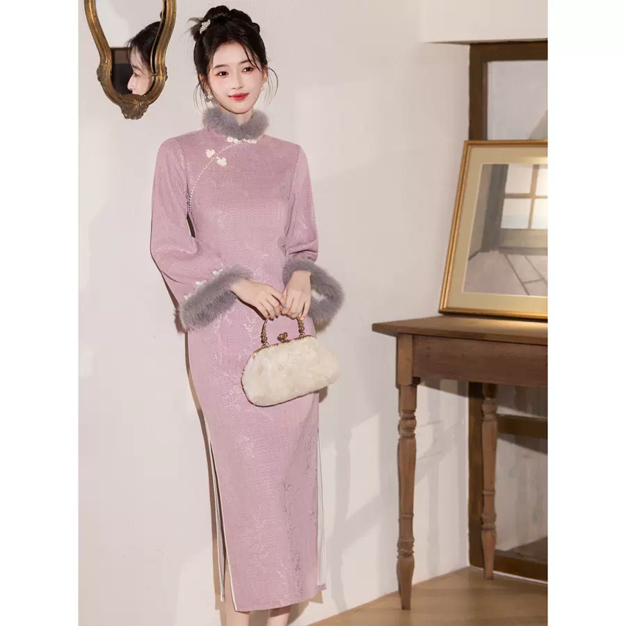 秋冬新中式加绒国风旗袍年轻款 复古优雅高级感旗袍改良连衣裙