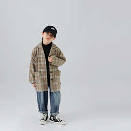 阿黎童装秋冬新款儿童复古风格子外套男童中长款帅气呢子大衣