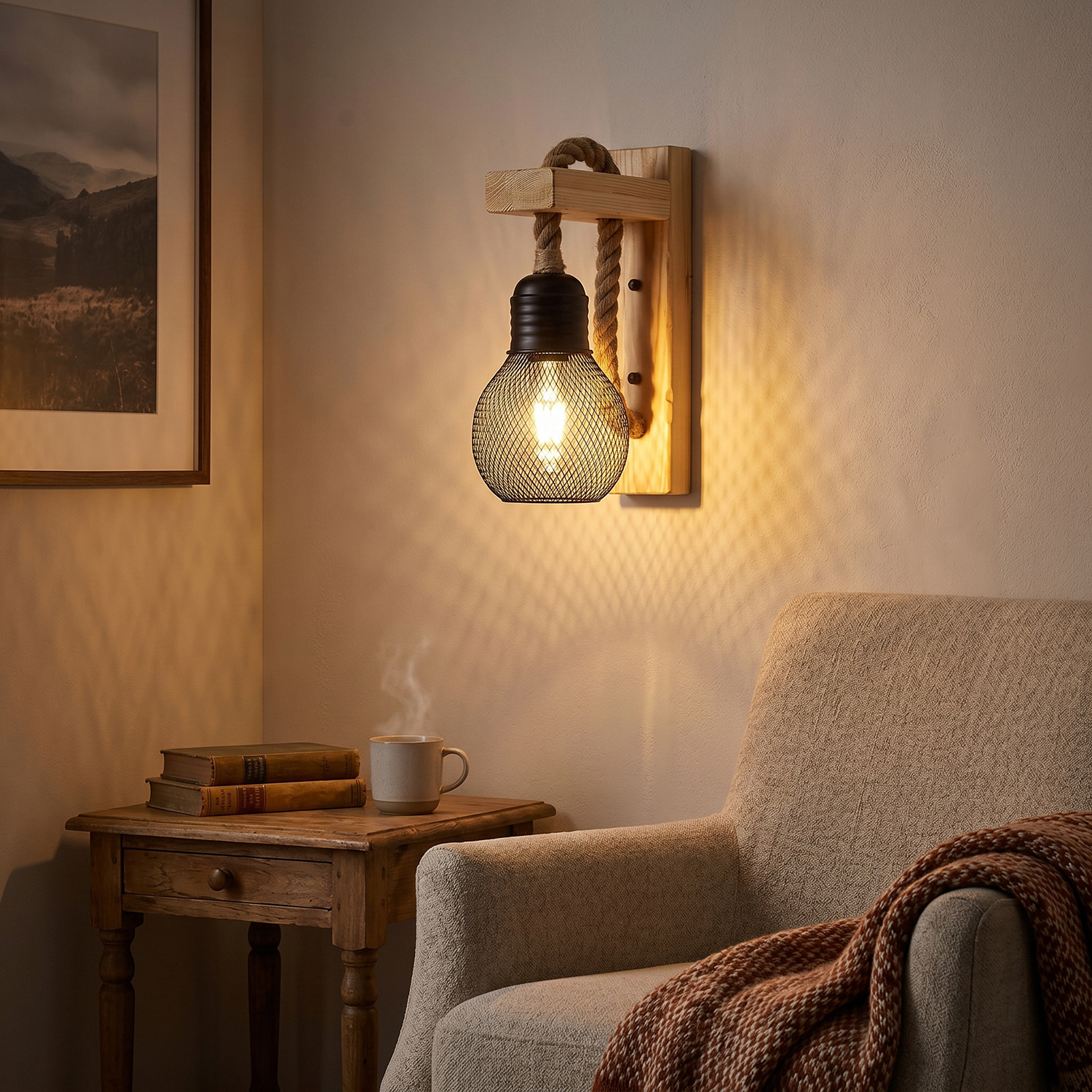 Lámpara de pared personalizada de estilo industrial retro, decoración artística de madera antigua, lámpara LED de madera con cuerda de cáñamo para mesita de noche, casa de huéspedes, restaurante pastoral
