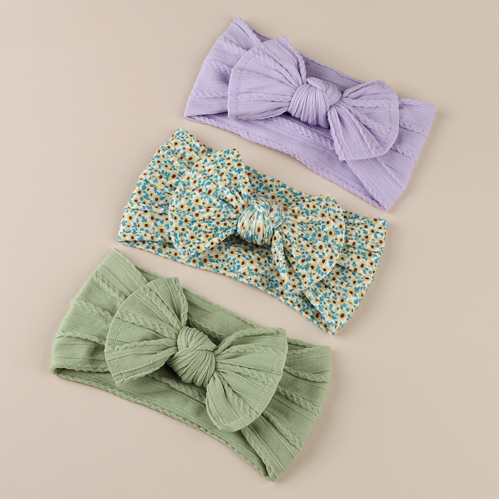 Europa y América suave Jacquard de ala ancha bowknot diadema elástica 3 piezas traje infantil halógena puerta impresa pañuelo en la cabeza de nylon