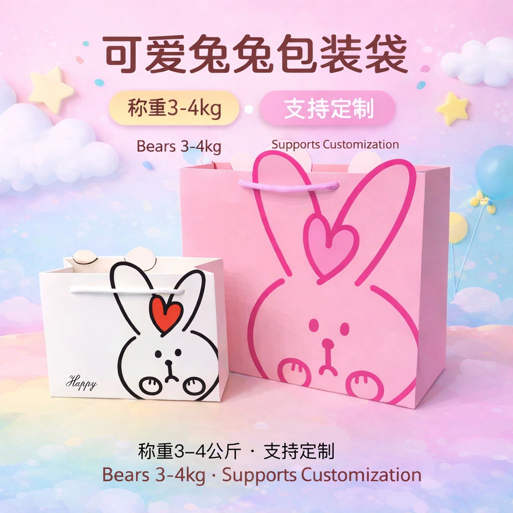 儿童礼品手提袋可爱兔子白卡纸袋卡通包装袋生日派对回礼袋