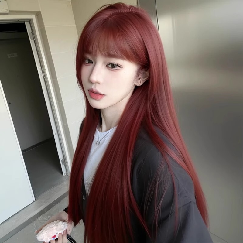 Raspberry Red Long Straight Wig with Layered Air Bangs, Fluffy Full Headpiece with a Sweet and Cool Vibe