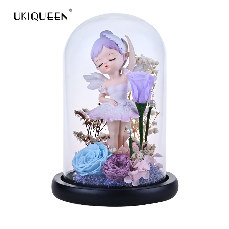 Naxi reina flor eterna cubierta de cristal gato hadas muñeca decoración serie Rosa flores al por mayor qixi regalo