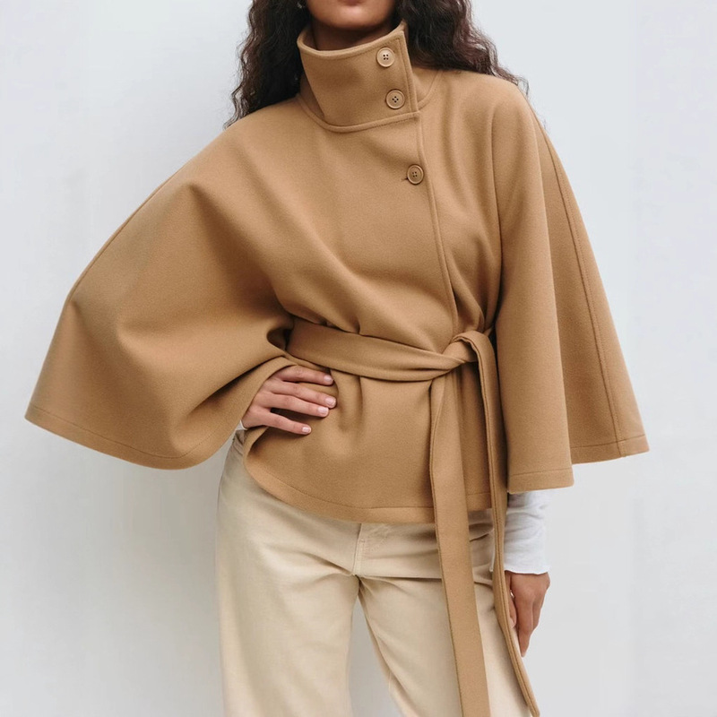 European and American Women's Autumn and Winter New Amazon Cross-Border Fashion Solid Color Cape Stand Collar Button Belt Trench Coat Jacket