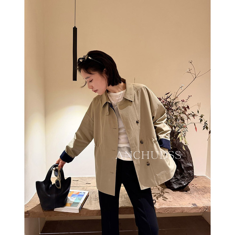 Spring is not too late~British-style trench coat~Elegant and sharp, waist-cinching, single-breasted, short-length women's trench coat with twill cotton and contrasting colors