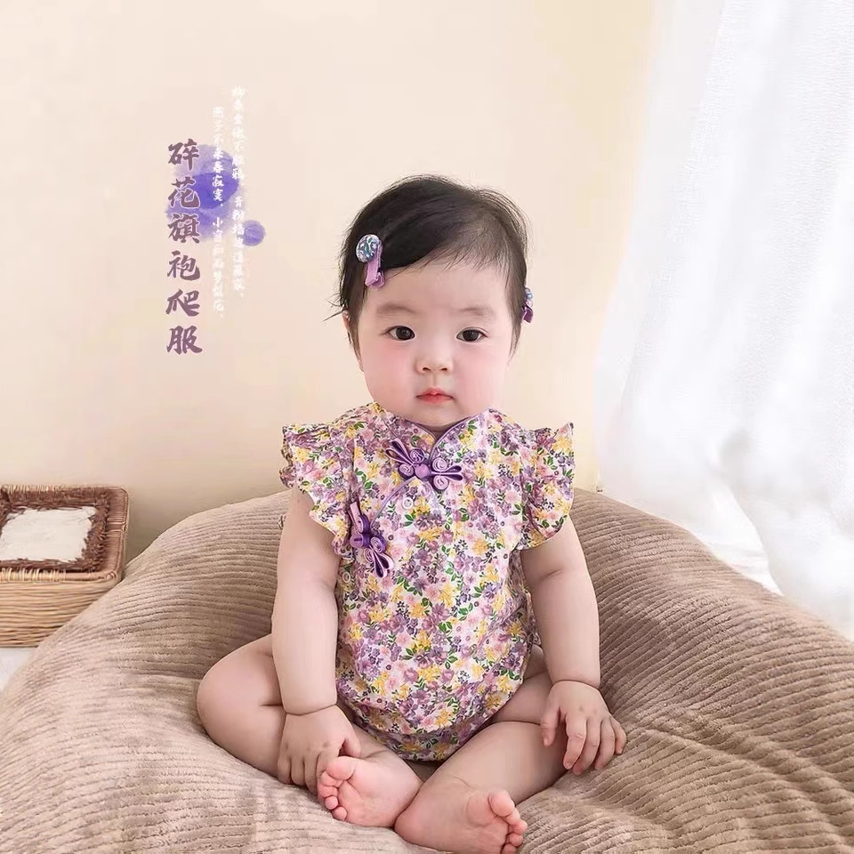 Bebé verano cheongsam triángulo mameluco estilo chino recién nacido Ropa un mes de edad cien días estilo occidental bebé niña vaina