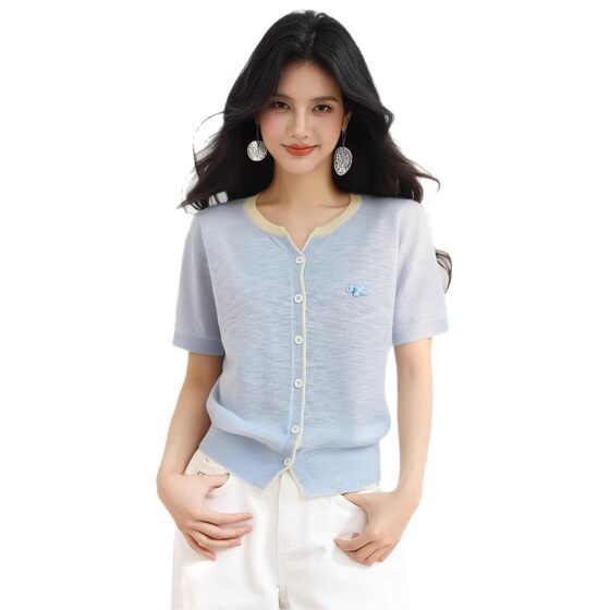 Ice Silk Knitted Shirt Women's Thin 2025 Summer New Design Concurrent Color Dog Short-sleeved T-shirt Slimming Top