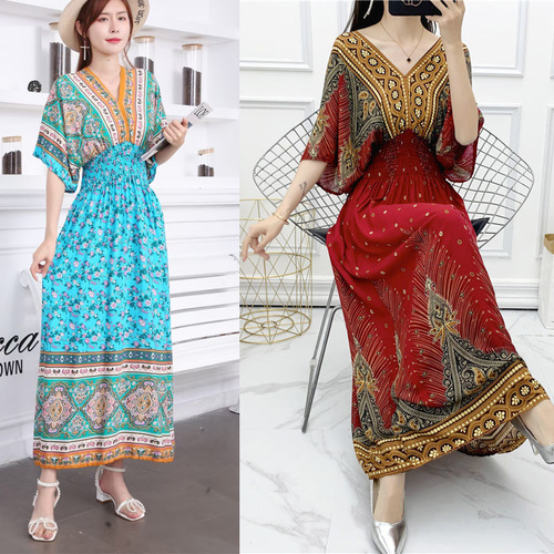 Ethnic style V-neck cotton silk short-sleeved French Thai style floral dress women's summer printed pastoral style skirt for vacation