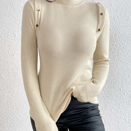 欧美新款秋冬2025亚马逊ins风简约纯色高领纽扣套头针织毛衣