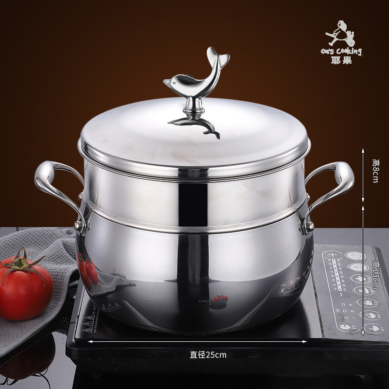 Olla para sopa de acero inoxidable 304 de tres capas, olla para cocinar y alisar a vapor engrosada con doble asa, olla para guisos, olla para cocinas de inducción, doble propósito para alisar a vapor y cocinar.