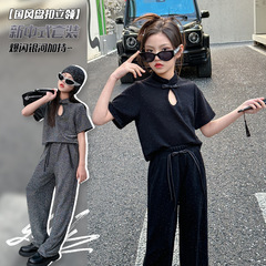 女童闊腿褲套裝春秋裝2024新款中大童韓版洋氣衛衣休閒寬鬆針織褲