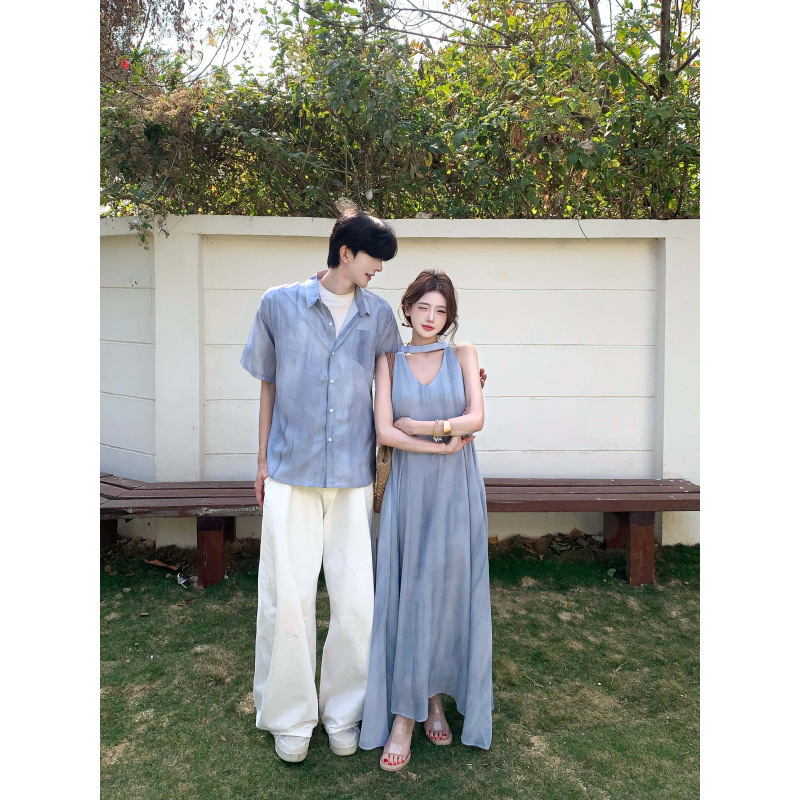 2026 Summer French-Style Blue V-Neck Dress for Women, Cool and Refreshing Seaside Vacation Style, Slimming Long Dress, Couple's Outfit 2026 Summer French-Style Blue V-Neck Dress for Women, Cool and Refreshing Seaside Vacation Style, Slimming Long Dress, Couple's Outfit