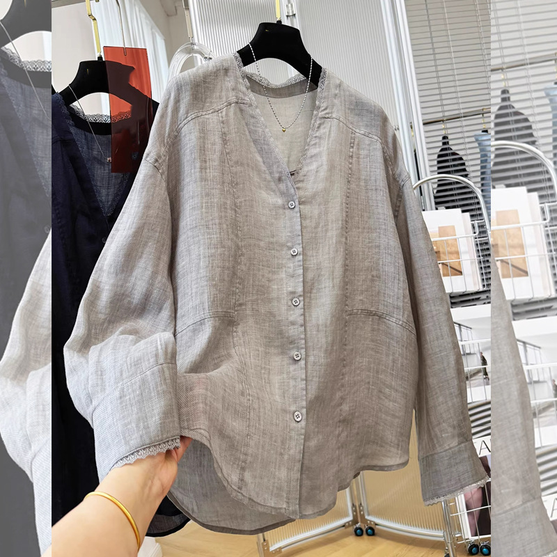 Korean Style Lazy Style Loose Lace Trim V-Neck Shirt for Women, Spring and Summer Thin Sun Protection Blouse, Plus Size Loose Top