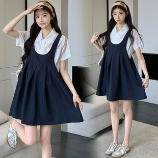 2025 New Summer Short-Sleeved Shirt, Loose Slimming Suspender Skirt, Two Lengths, Age-Reducing Outer Wear, Trendy Maternity Suit