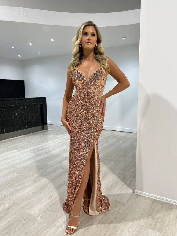 Vestido largo ajustado con lentejuelas estilo europeo y americano, con abertura sexy y tirantes finos, elegante vestido de fiesta con cintura entallada. image 3