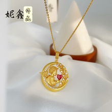 金店同款古法沙金天使宝贝镶钻爱心吊坠平安扣女久不掉色项链吊坠