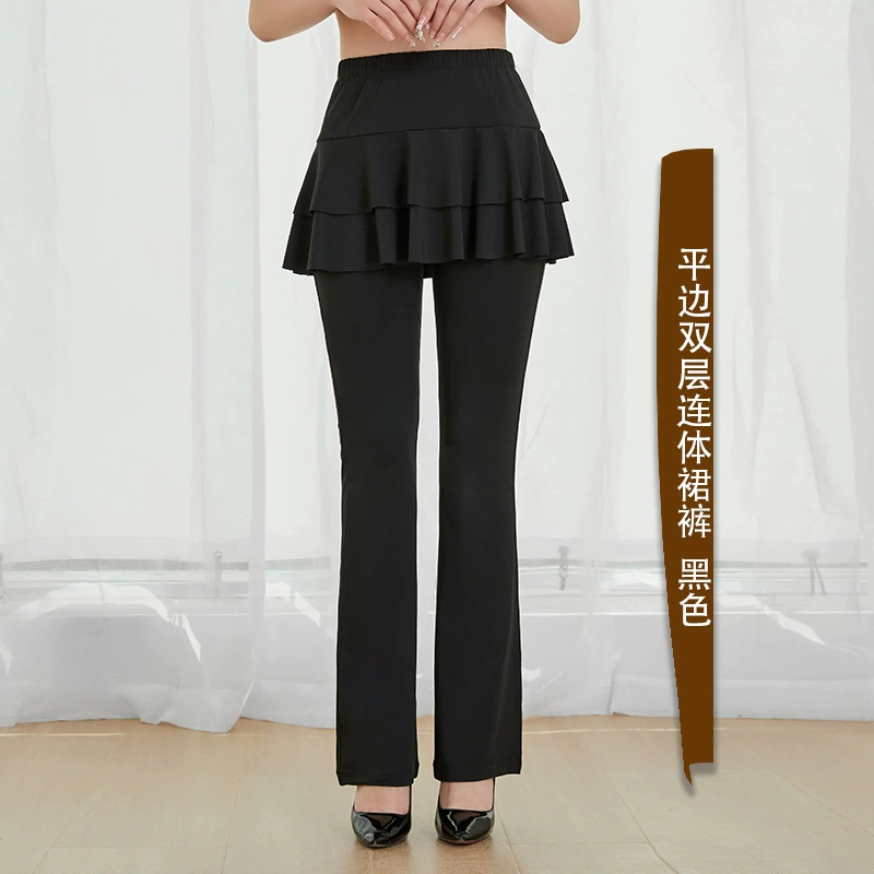 Dance Pants Plaza Latin Dance Skirt-Pants, Ruffled Overlay & Flared Leg, Sizes M–4XL