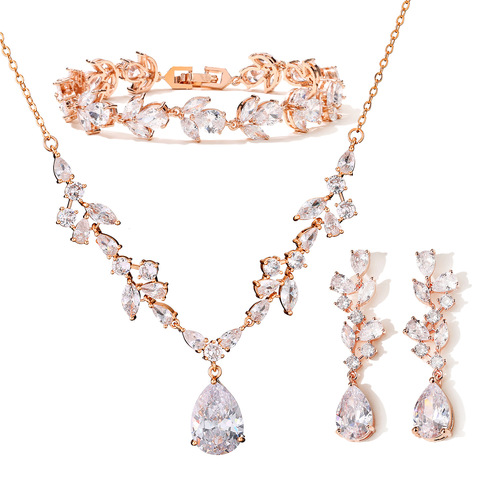 RAKOL European and American Luxury Waterdrop Zircon Bridal Jewelry Set: Women's Necklace, Earrings, and Bracelet – A Three-Piece Ensemble
