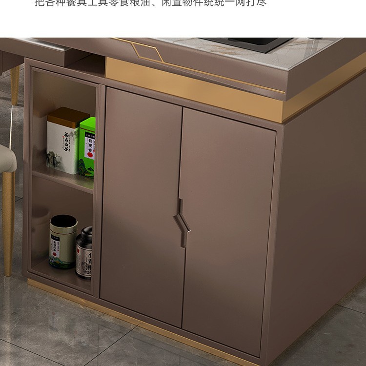 Mesa de comedor de mesa de mesa de mesa de la isla de Guotai, cocina integrada con fregadero, hogar retráctil moderno, combinación de mesa de comedor y silla de losa ligera de lujo