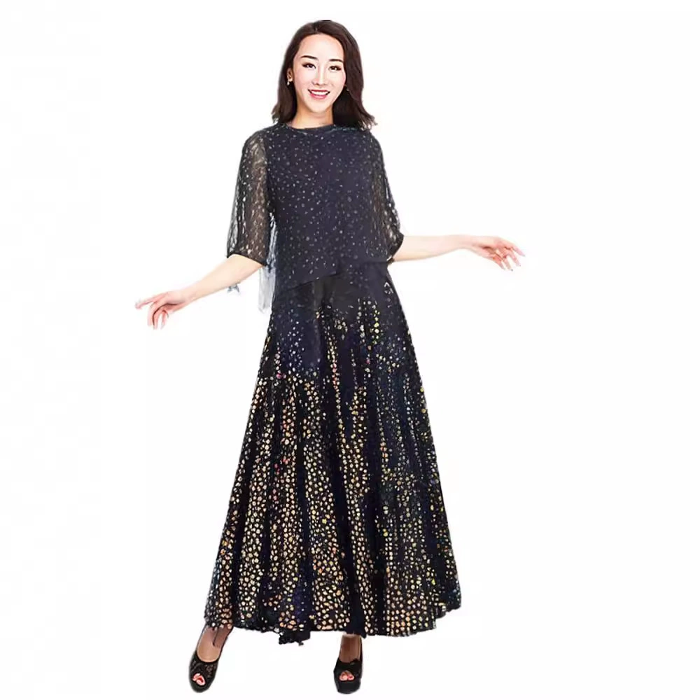 Новая модель современного танцевального платья большая юбка с длинными рукавами