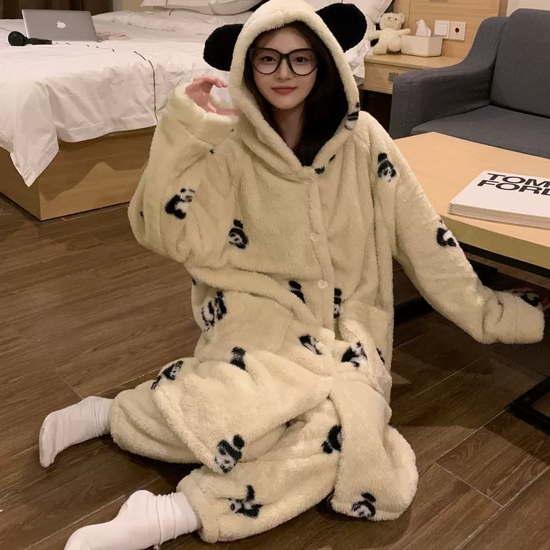 Coral velvet demi-season warm pijama, cartoon flannel long bathrobe with hood, set