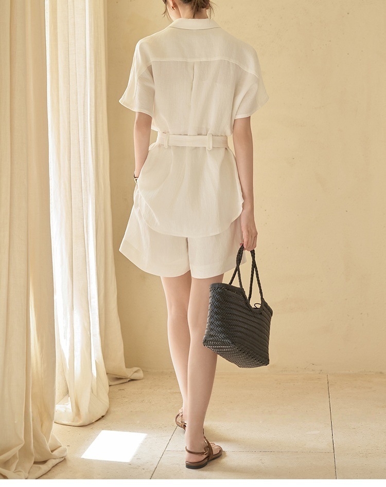 Women's Cotton Linen V-neck Belted Shorts Set Wrinkle Resistant_voghion.com