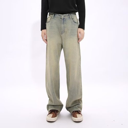 American street black jeans for men, spring and autumn, clean fit straight long pants, retro loose casual wide-leg pants